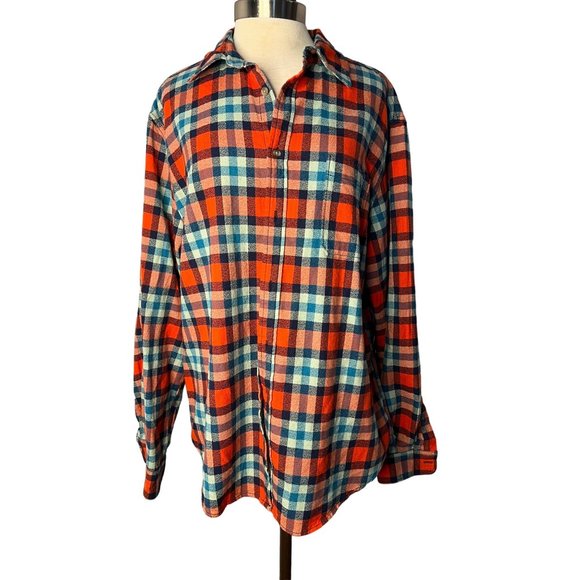 Merona men’s XL red blue plaid button-down flannel long sleev - Picture 1 of 14